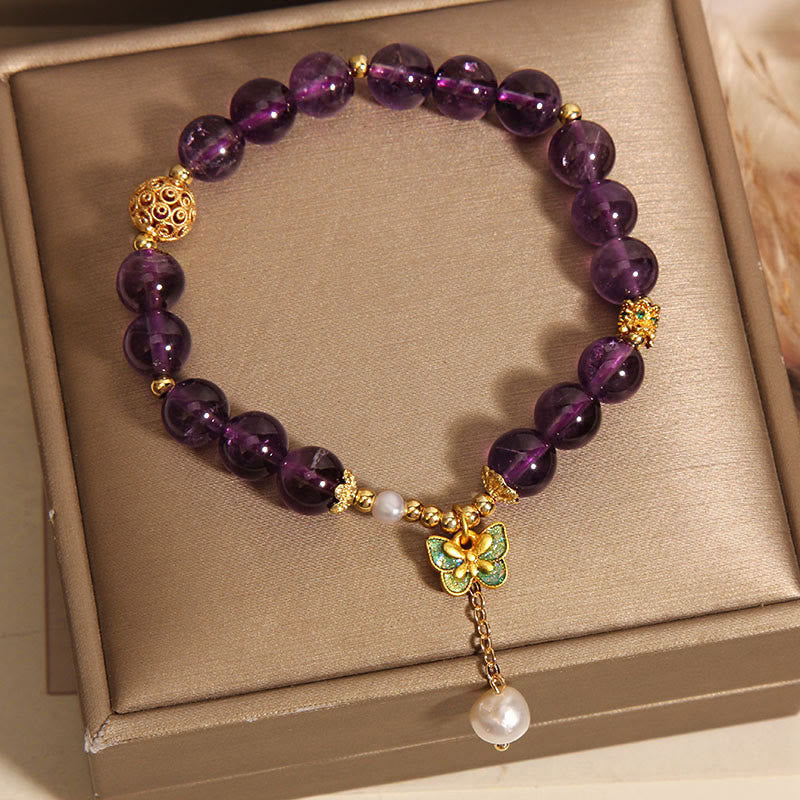 Wear FengShui Natural Amethyst Amber Green Butterfly Healing Bracelet