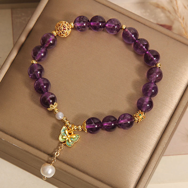 Wear FengShui Natural Amethyst Amber Green Butterfly Healing Bracelet