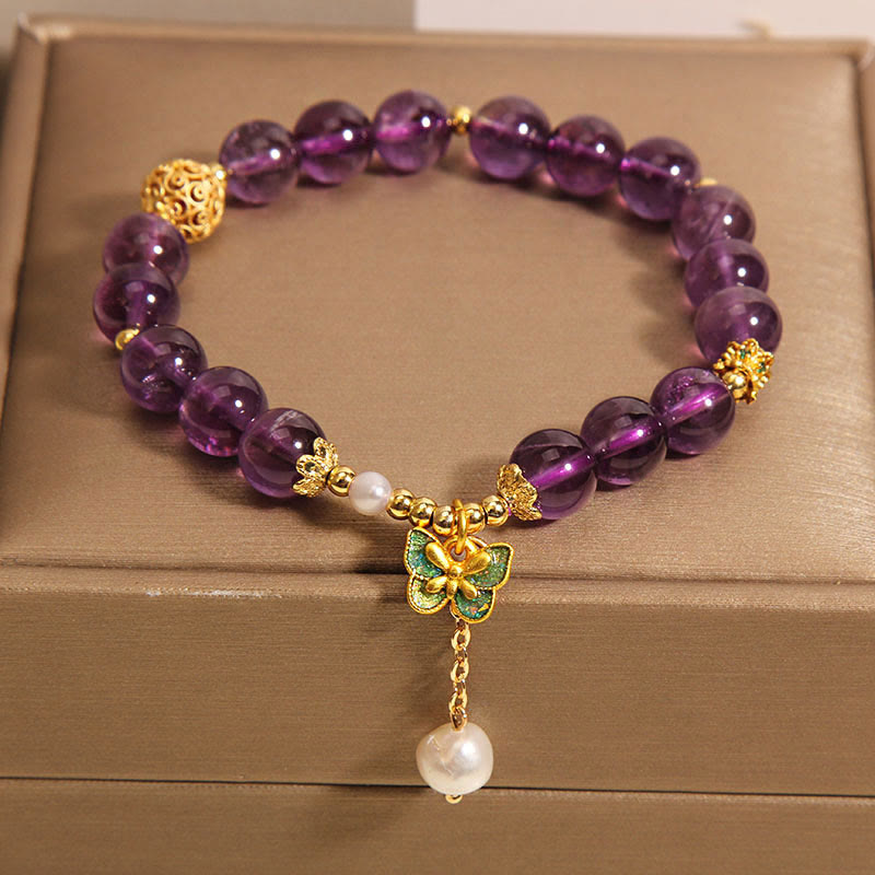 Wear FengShui Natural Amethyst Amber Green Butterfly Healing Bracelet