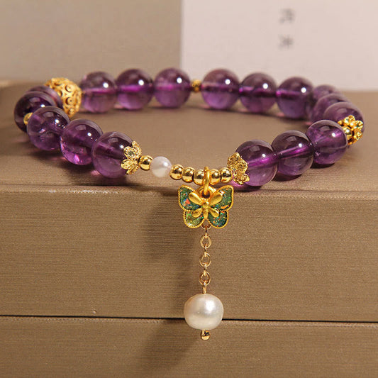 Wear FengShui Natural Amethyst Amber Green Butterfly Healing Bracelet
