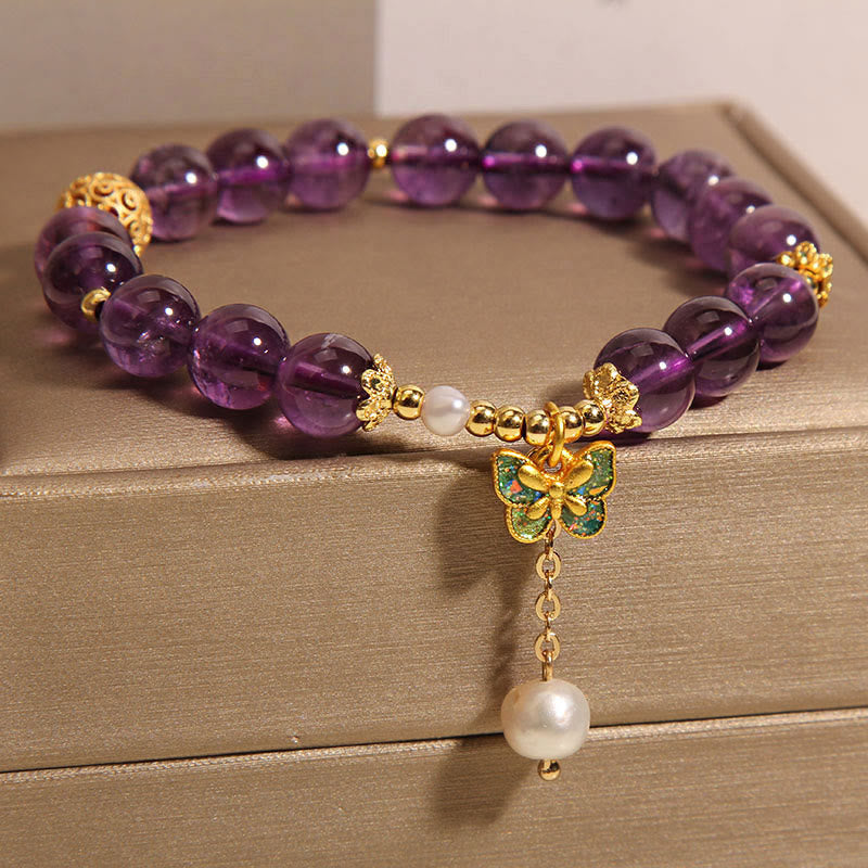 Wear FengShui Natural Amethyst Amber Green Butterfly Healing Bracelet