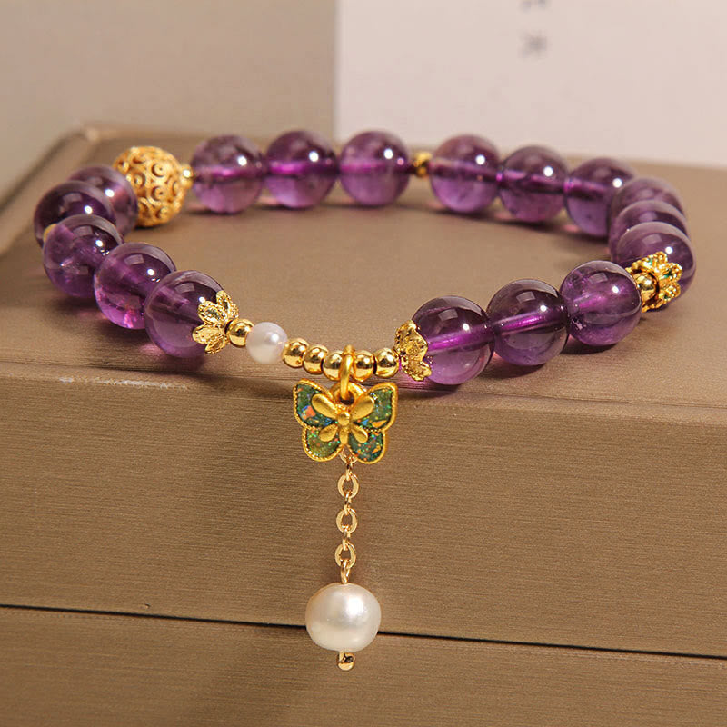 Wear FengShui Natural Amethyst Amber Green Butterfly Healing Bracelet