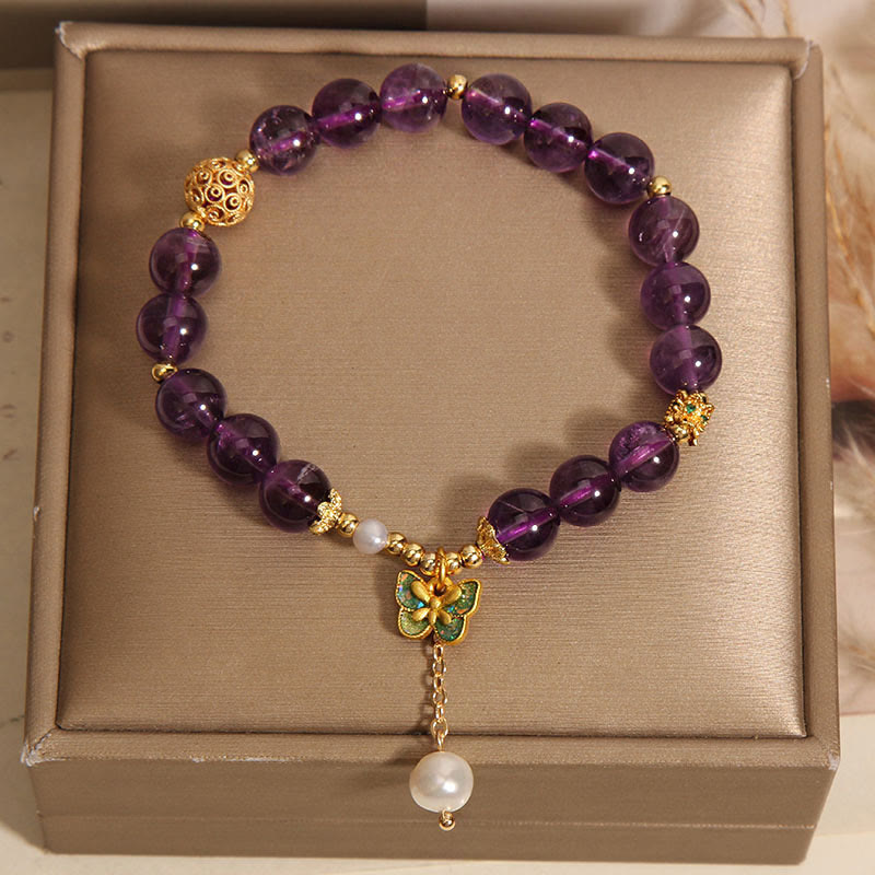 Wear FengShui Natural Amethyst Amber Green Butterfly Healing Bracelet