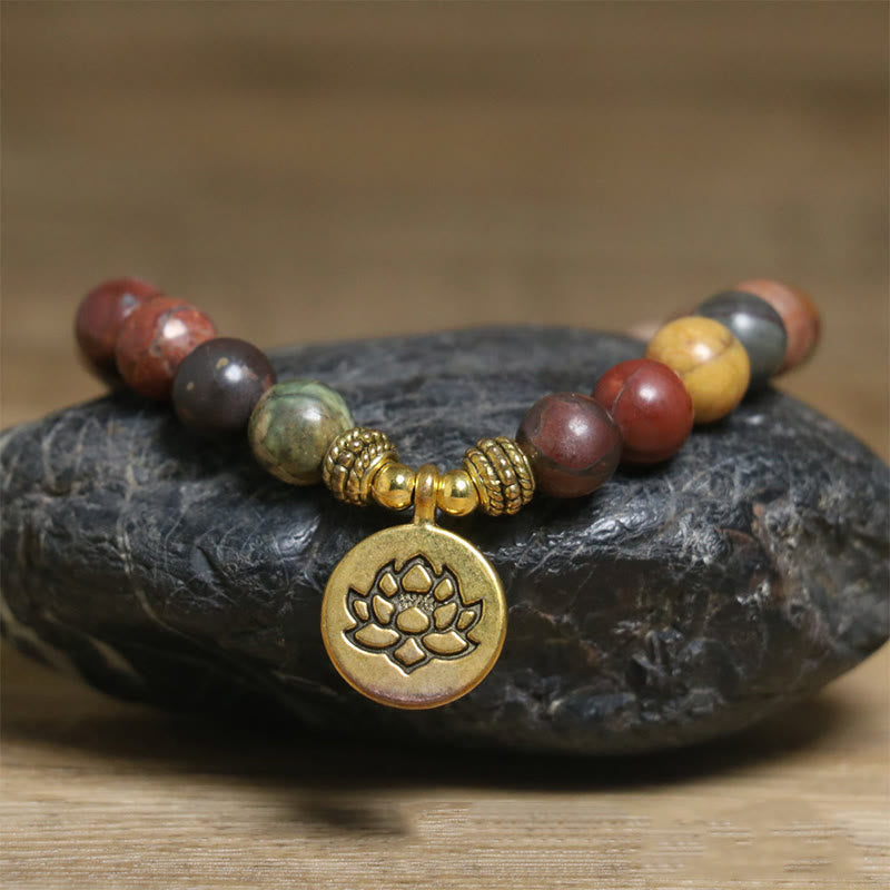 Wear FengShui Natural Colorful Emperor Stone Lotus Pattern Anti-stress Bracelet