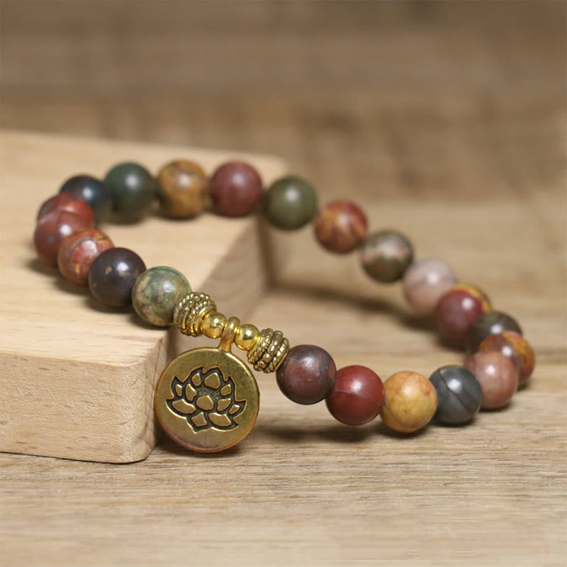 Wear FengShui Natural Colorful Emperor Stone Lotus Pattern Anti-stress Bracelet