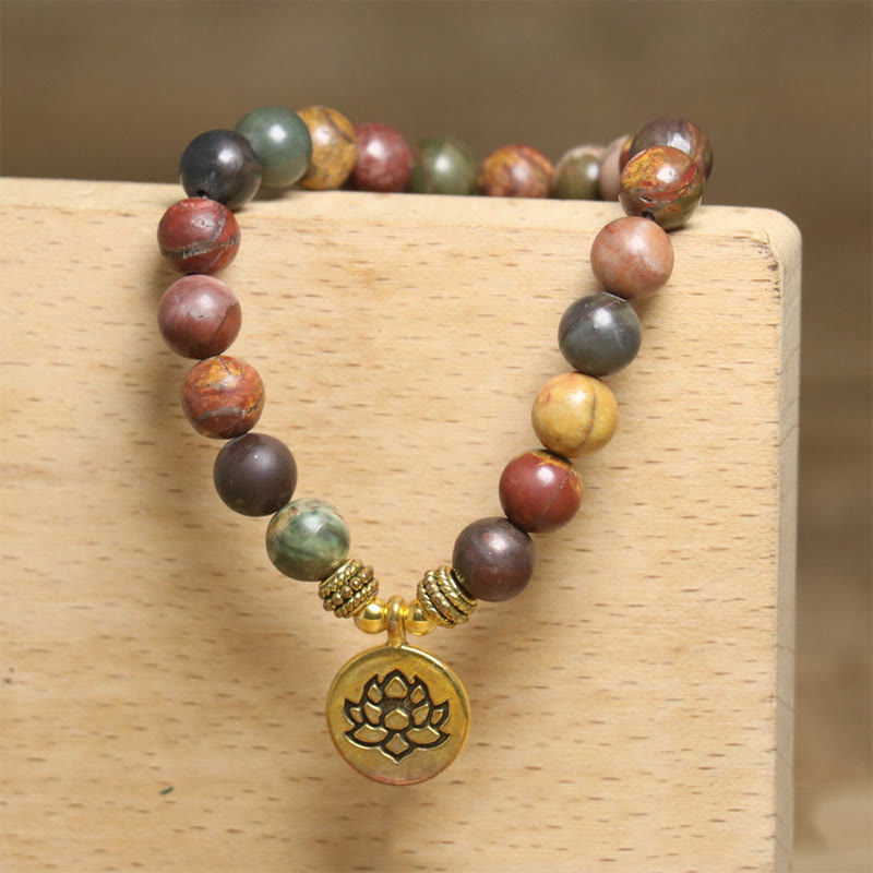 Wear FengShui Natural Colorful Emperor Stone Lotus Pattern Anti-stress Bracelet