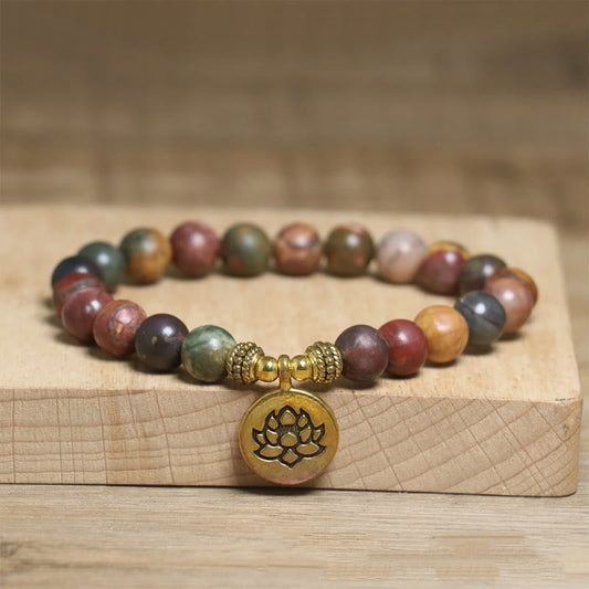 Wear FengShui Natural Colorful Emperor Stone Lotus Pattern Anti-stress Bracelet