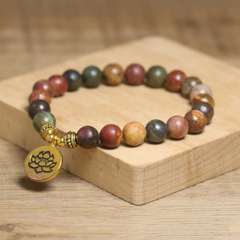 Wear FengShui Natural Colorful Emperor Stone Lotus Pattern Anti-stress Bracelet