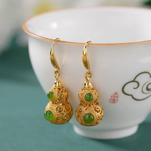 Wear FengShui Copper Hollow Gourd Jade Prosperity Earrings