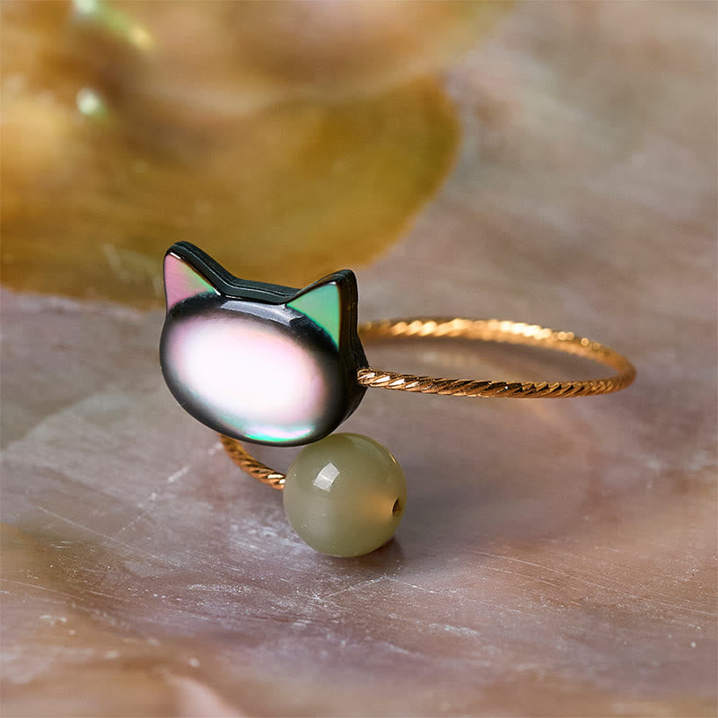 Wear FengShui Black Tridacna Stone Cat Jade Blessing Adjustable Ring