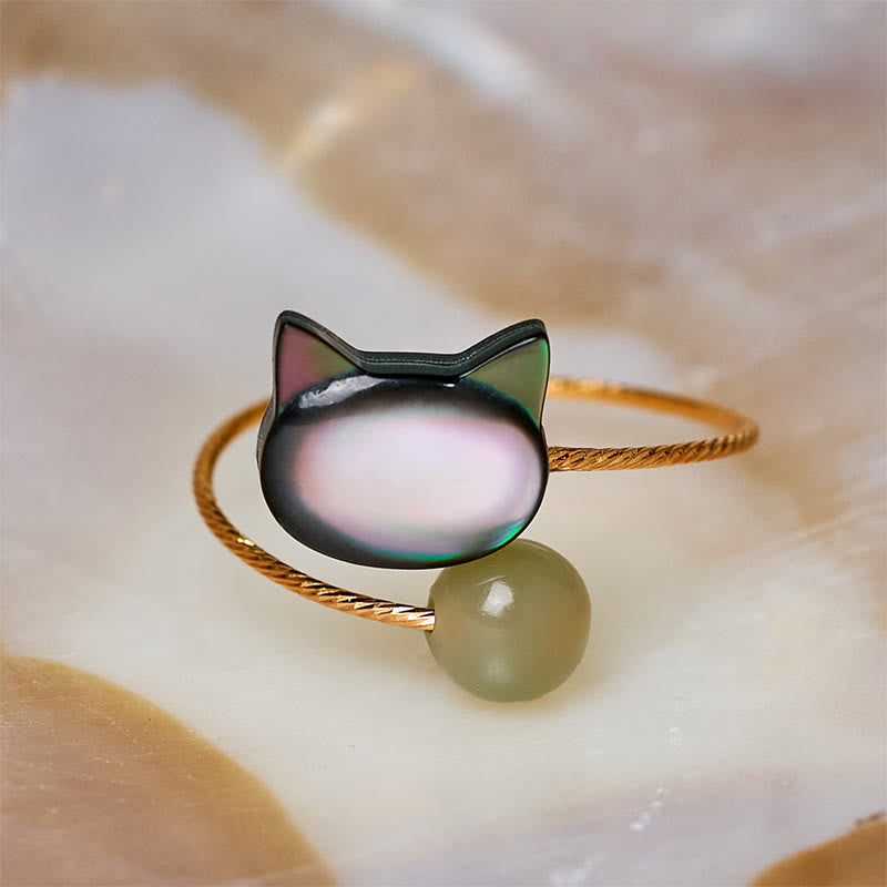 Wear FengShui Black Tridacna Stone Cat Jade Blessing Adjustable Ring