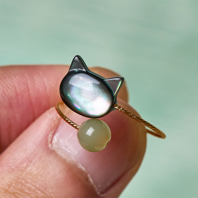 Wear FengShui Black Tridacna Stone Cat Jade Blessing Adjustable Ring