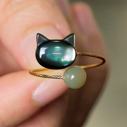 Wear FengShui Black Tridacna Stone Cat Jade Blessing Adjustable Ring