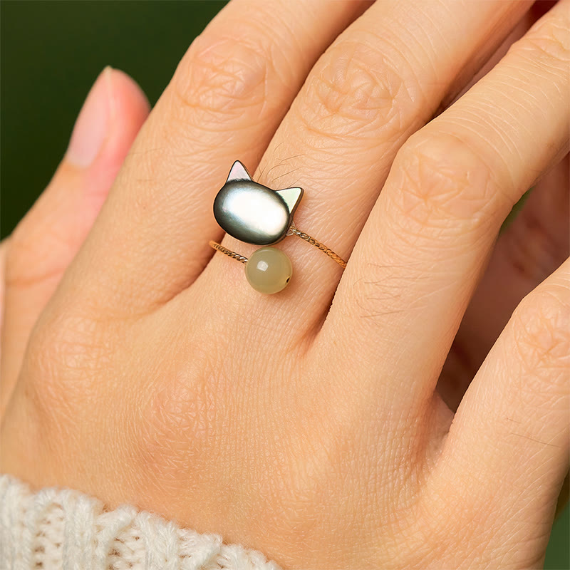 Wear FengShui "Sending Protection and Charm" Tridacna Stone Cat Ring Includes Gift Message Card