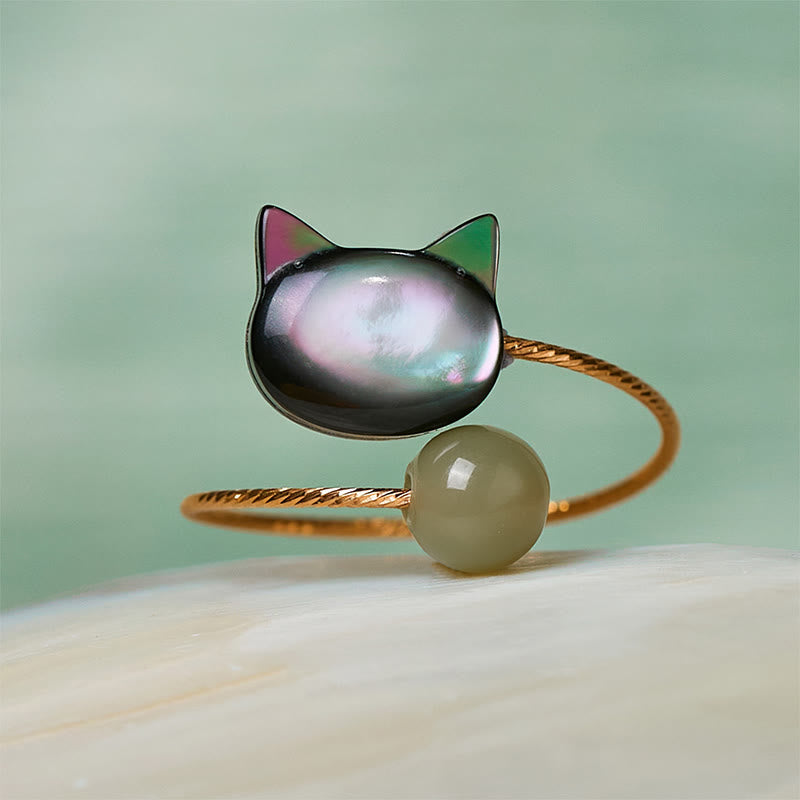 Wear FengShui Black Tridacna Stone Cat Jade Blessing Adjustable Ring
