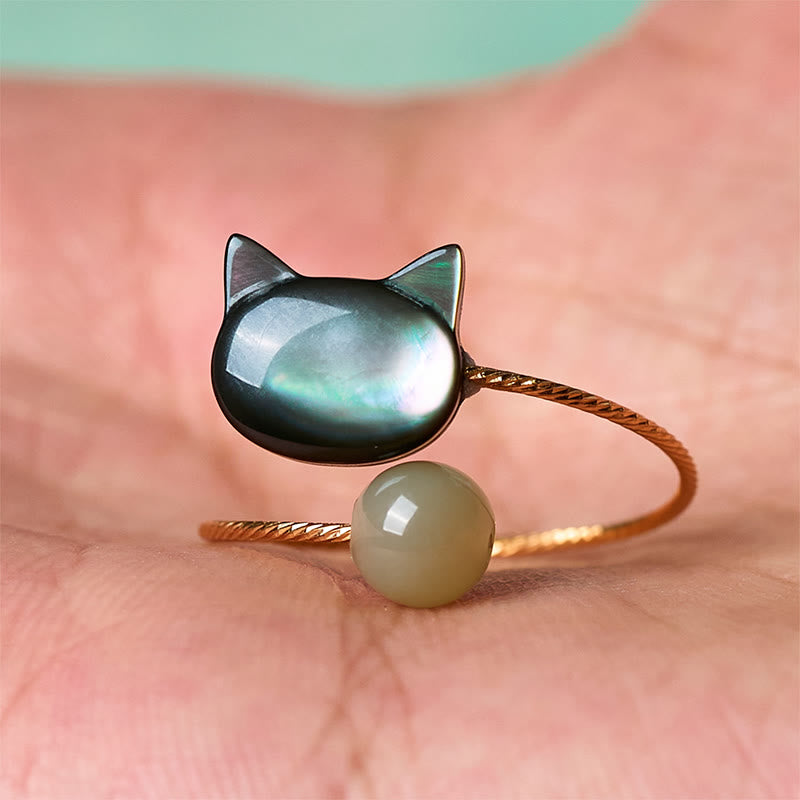 Wear FengShui Black Tridacna Stone Cat Jade Blessing Adjustable Ring