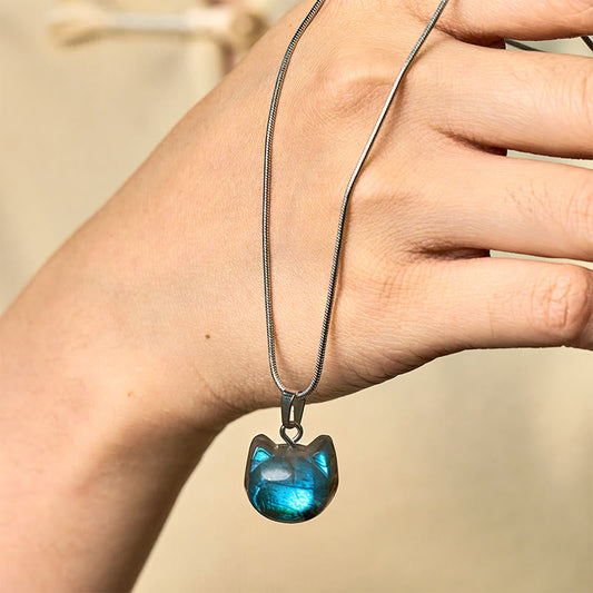 Wear FengShui Natural Cat Pattern Labradorite Healing Necklace Pendant
