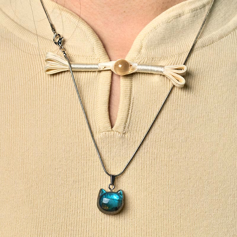 Wear FengShui Natural Cat Pattern Labradorite Healing Necklace Pendant