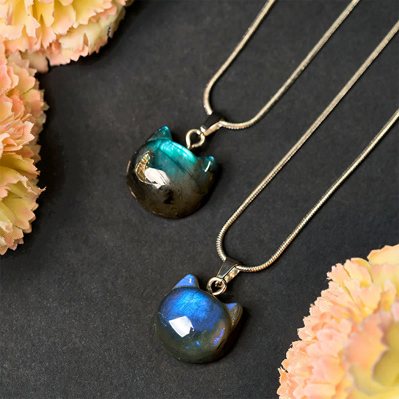 Wear FengShui Natural Cat Pattern Labradorite Healing Necklace Pendant