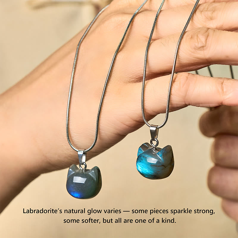 Wear FengShui Natural Cat Pattern Labradorite Healing Necklace Pendant