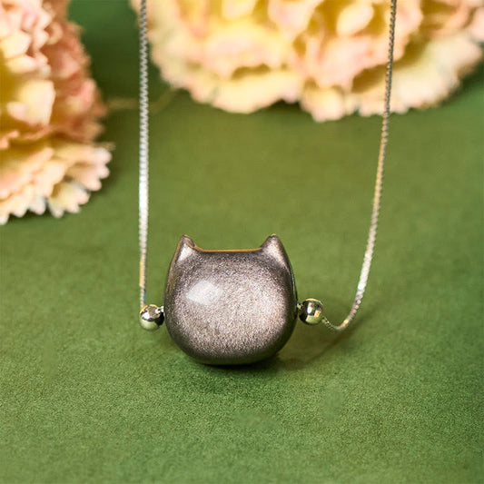 Wear FengShui 925 Sterling Silver Natural Silver Sheen Obsidian Gold Sheen Obsidian Cat Necklace