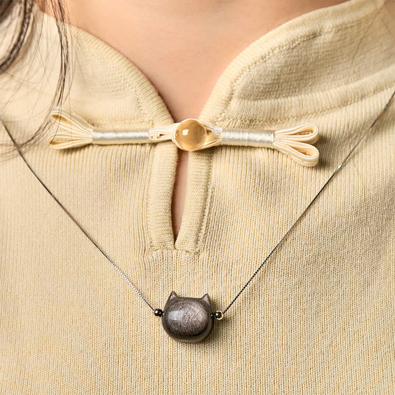 Wear FengShui 925 Sterling Silver Natural Silver Sheen Obsidian Gold Sheen Obsidian Cat Necklace