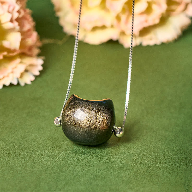 Wear FengShui 925 Sterling Silver Natural Silver Sheen Obsidian Gold Sheen Obsidian Cat Necklace
