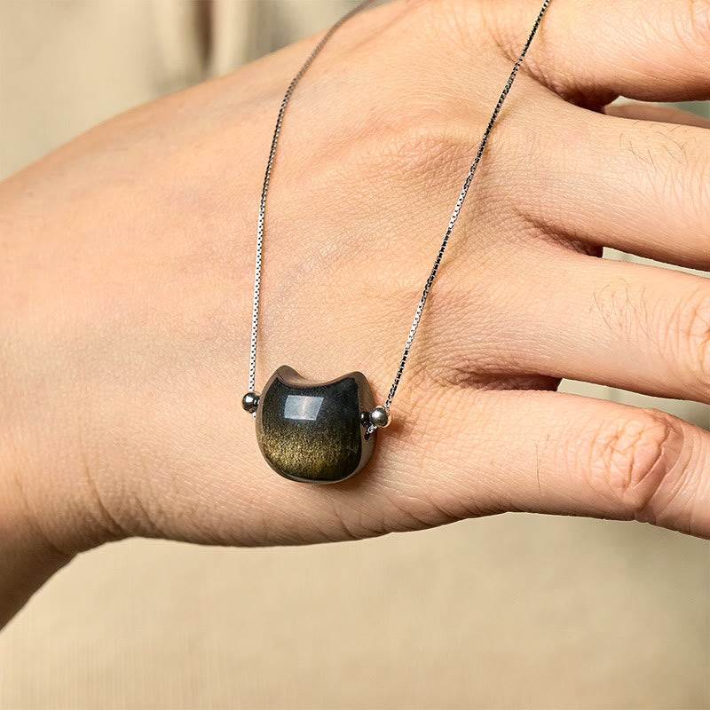 Wear FengShui 925 Sterling Silver Natural Silver Sheen Obsidian Gold Sheen Obsidian Cat Necklace