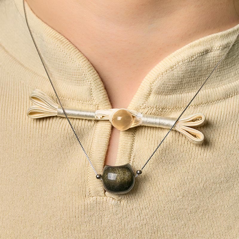 Wear FengShui 925 Sterling Silver Natural Silver Sheen Obsidian Gold Sheen Obsidian Cat Necklace
