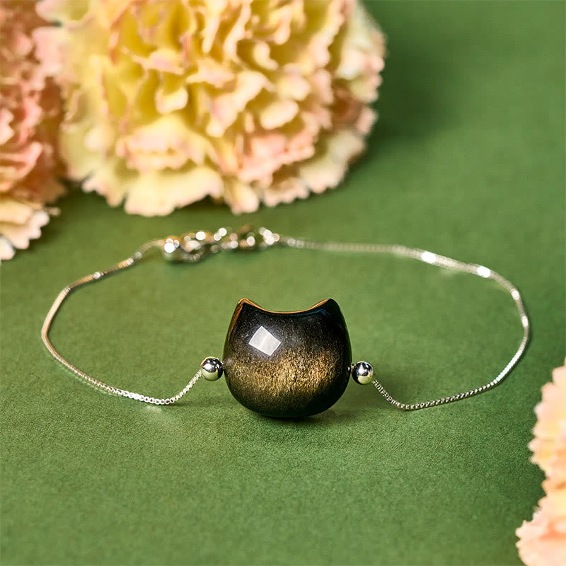 Wear FengShui 925 Sterling Silver Silver Sheen Obsidian Gold Sheen Obsidian Cat Soothing Bracelet