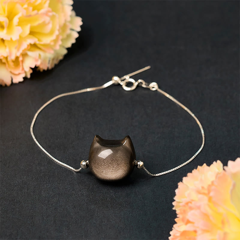 Wear FengShui 925 Sterling Silver Silver Sheen Obsidian Gold Sheen Obsidian Cat Soothing Bracelet