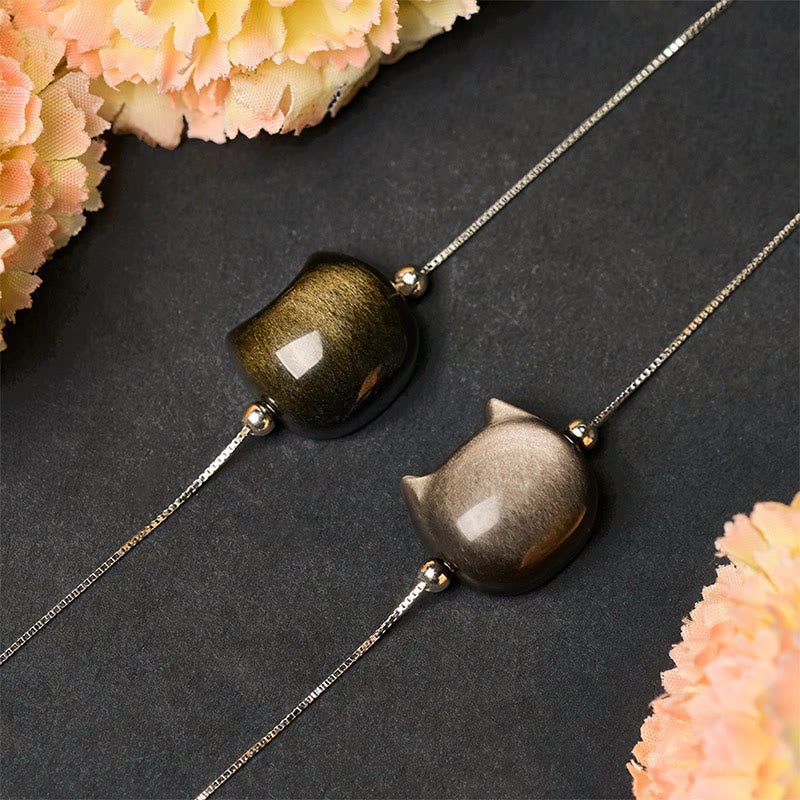Wear FengShui 925 Sterling Silver Silver Sheen Obsidian Gold Sheen Obsidian Cat Soothing Bracelet