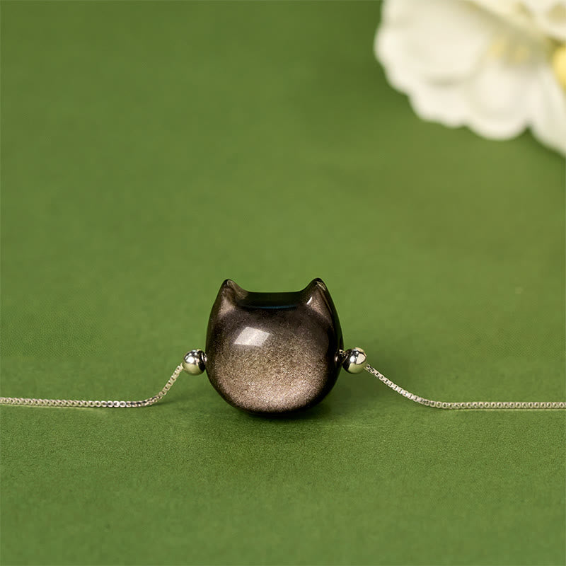 Wear FengShui 925 Sterling Silver Silver Sheen Obsidian Gold Sheen Obsidian Cat Soothing Bracelet