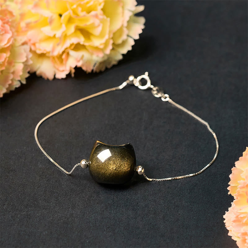 Wear FengShui 925 Sterling Silver Silver Sheen Obsidian Gold Sheen Obsidian Cat Soothing Bracelet