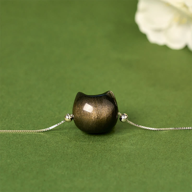 Wear FengShui 925 Sterling Silver Silver Sheen Obsidian Gold Sheen Obsidian Cat Soothing Bracelet