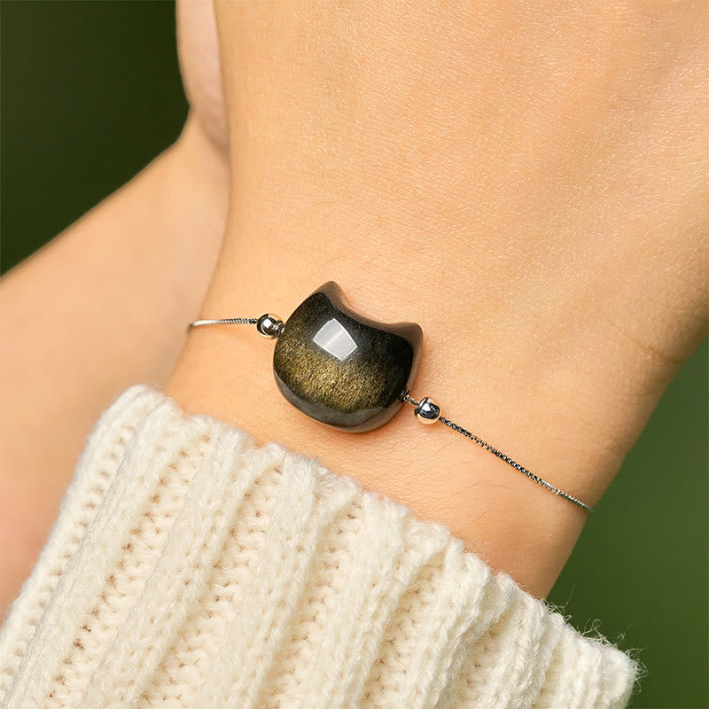 Wear FengShui 925 Sterling Silver Silver Sheen Obsidian Gold Sheen Obsidian Cat Soothing Bracelet