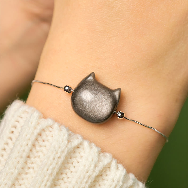 Wear FengShui 925 Sterling Silver Silver Sheen Obsidian Gold Sheen Obsidian Cat Soothing Bracelet