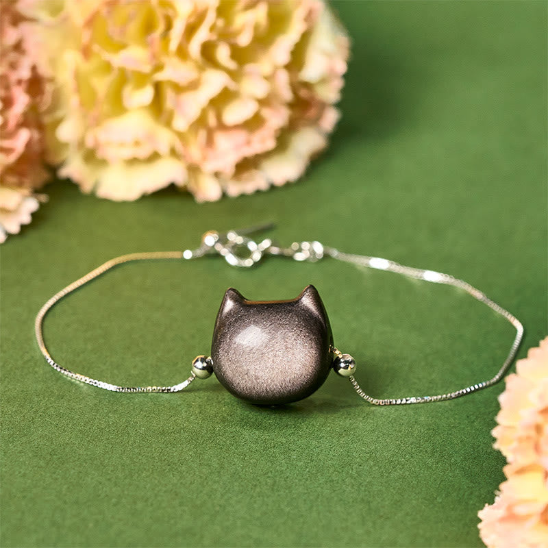 Wear FengShui 925 Sterling Silver Silver Sheen Obsidian Gold Sheen Obsidian Cat Soothing Bracelet