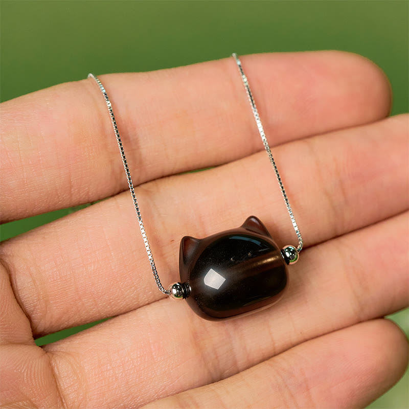 Wear FengShui 925 Sterling Silver Cat Natural Ice Obsidian Positive Bracelet