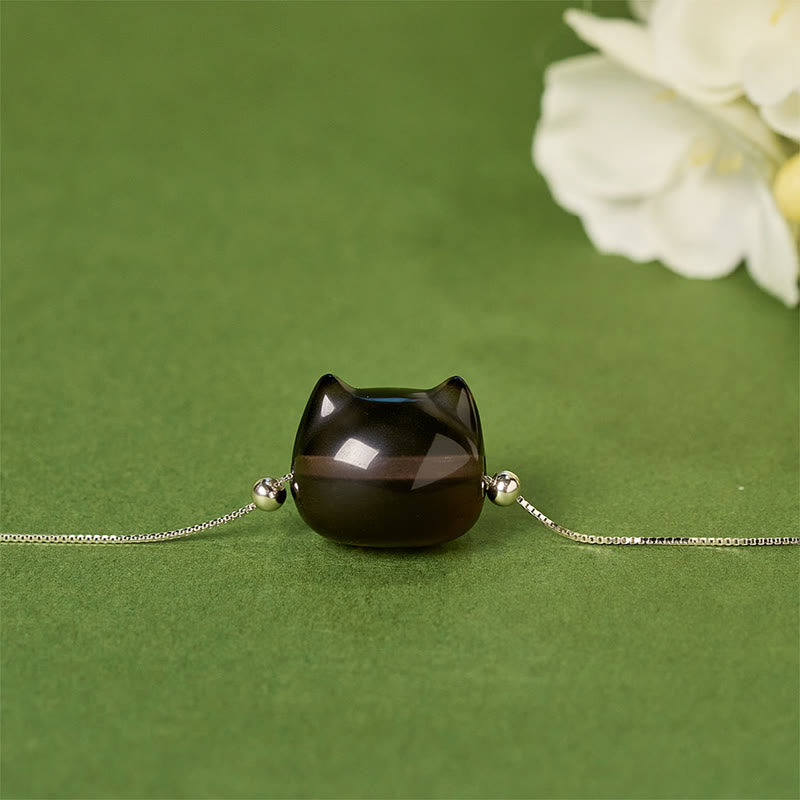 Wear FengShui 925 Sterling Silver Cat Natural Ice Obsidian Positive Bracelet
