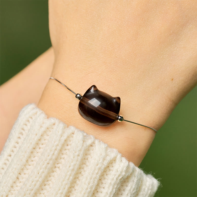 Wear FengShui 925 Sterling Silver Cat Natural Ice Obsidian Positive Bracelet