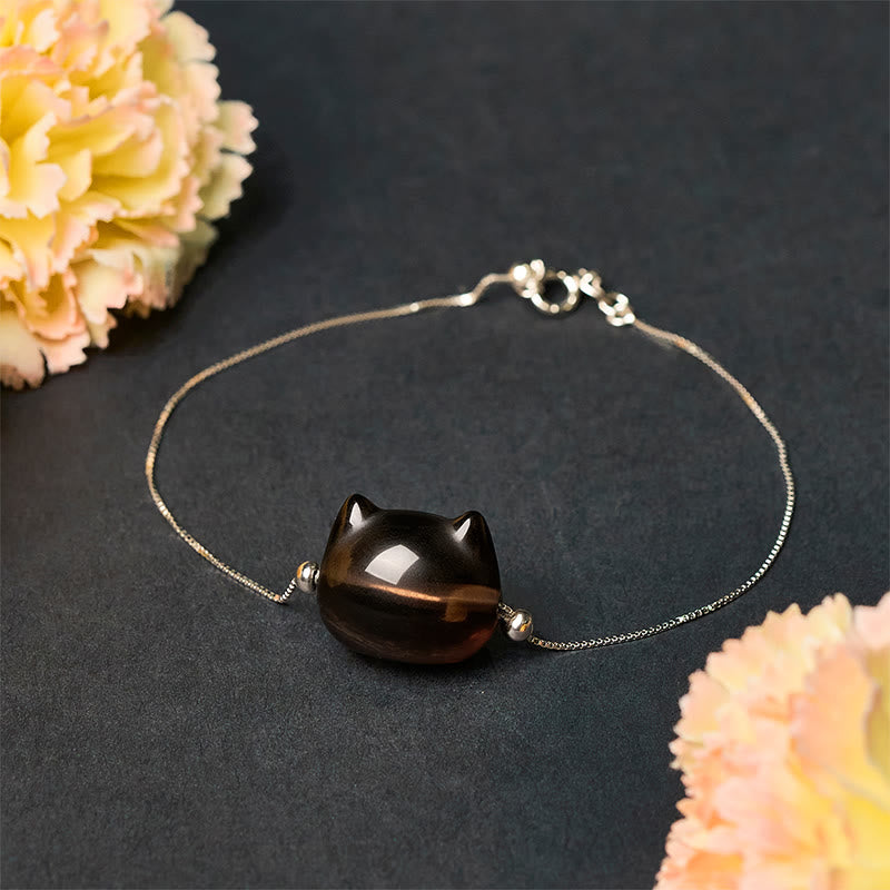 Wear FengShui 925 Sterling Silver Cat Natural Ice Obsidian Positive Bracelet