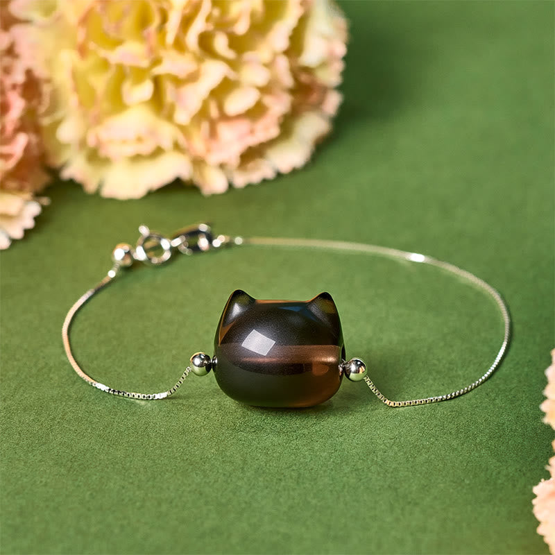 Wear FengShui 925 Sterling Silver Cat Natural Ice Obsidian Positive Bracelet