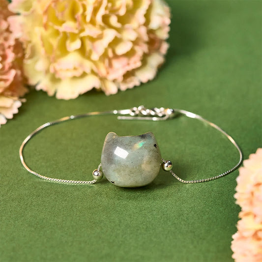 Wear FengShui 925 Sterling Silver Faceless Cat Head Natural Labradorite Healing Bracelet
