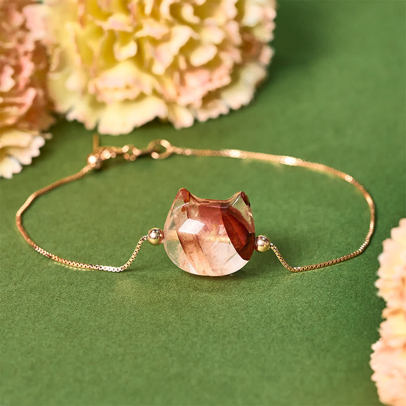 Wear FengShui 925 Sterling Silver Faceless Cat Head Natural Red Flower Quartz Passion Bracelet