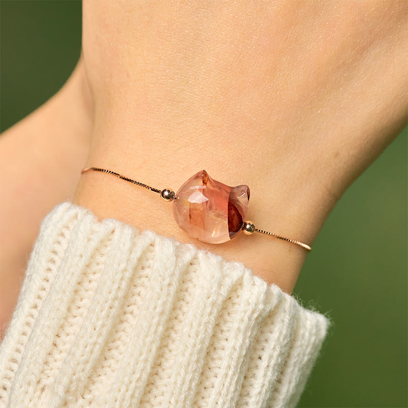 Wear FengShui 925 Sterling Silver Faceless Cat Head Natural Red Flower Quartz Passion Bracelet