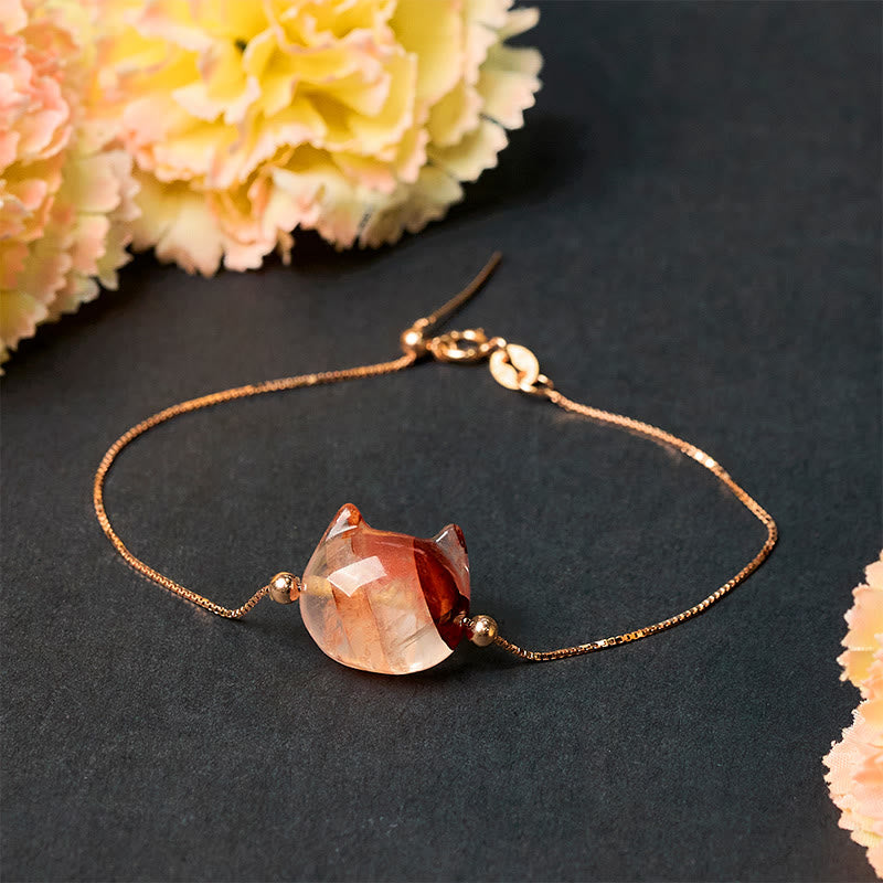 Wear FengShui 925 Sterling Silver Faceless Cat Head Natural Red Flower Quartz Passion Bracelet