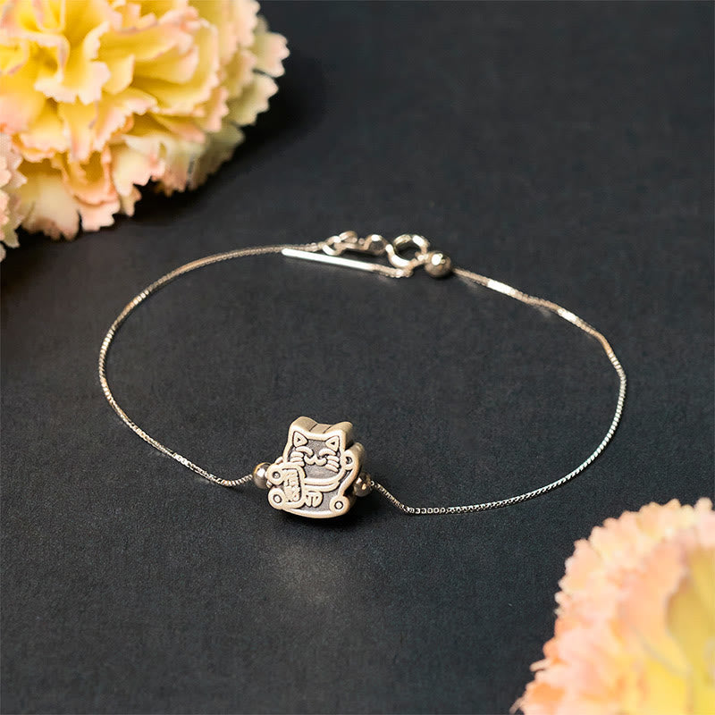 Wear FengShui 999 Sterling Silver Fortune Cat 925 Sterling Silver Chain Protection Bracelet