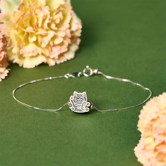 Wear FengShui 999 Sterling Silver Fortune Cat 925 Sterling Silver Chain Protection Bracelet