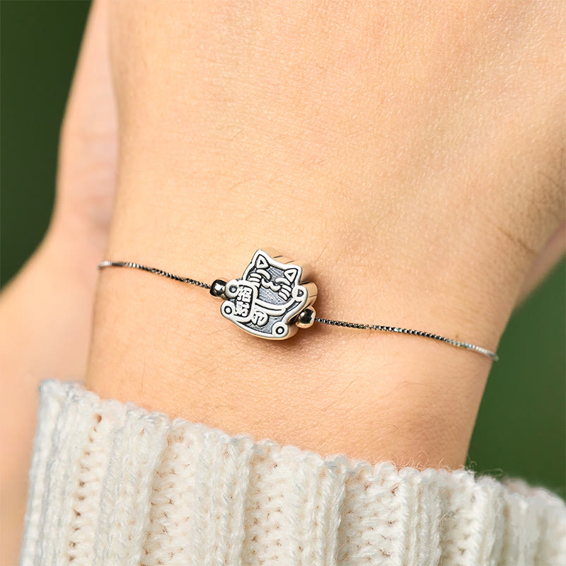Wear FengShui 999 Sterling Silver Fortune Cat 925 Sterling Silver Chain Protection Bracelet